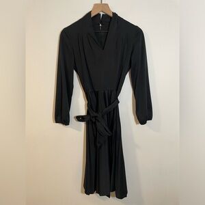 Vintage Sears Black Pleated Skirt Dress With High Pleated V- Neckline Belted